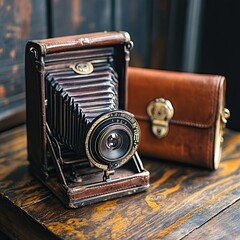 A 1920s camera with an intricate lens, resting on a wooden table next to a leather case.