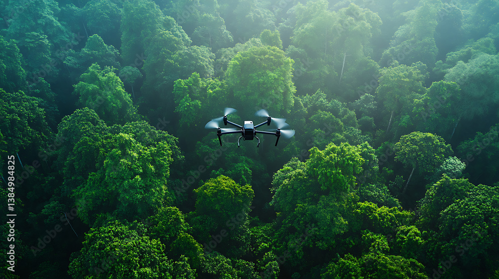 Poster an ai powered drone conducting environmental monitoring in a remote forest, dense forest with real-t