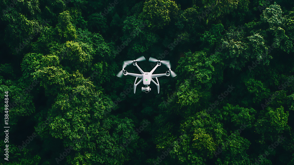 Aufkleber an ai powered drone conducting environmental monitoring in a remote forest, dense forest with real-t