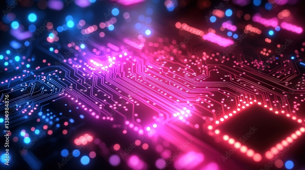 Poster colorful abstract circuit board background with neon lights and digital patterns