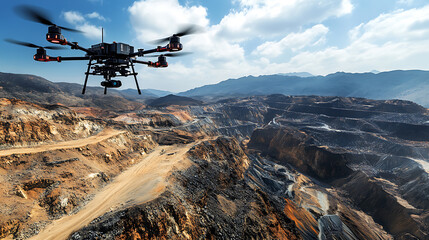 An AI powered drone conducting geological surveys for resource exploration, mountainous terrain with real-time data on mineral deposits and geological formations, Geological technology style