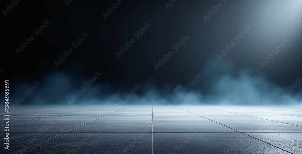Poster empty futuristic tiled floor with glowing misty fog in a dark gradient background, illuminated by sp