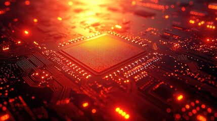 Abstract Technology Close-Up of a Circuit Board with Glowing Red Lights and Textures