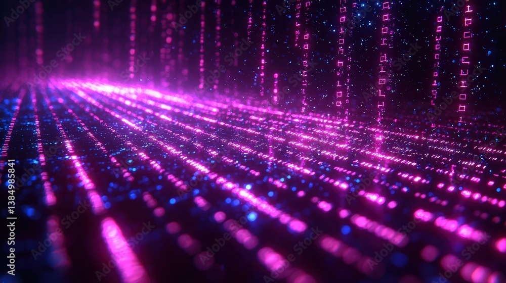 Poster futuristic digital matrix with glowing binary code in vibrant pink and blue colors