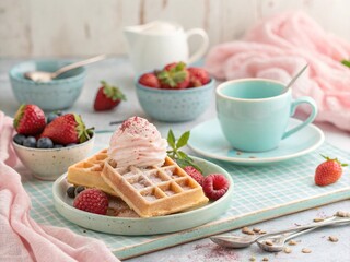 waffle with strawberries and coffee