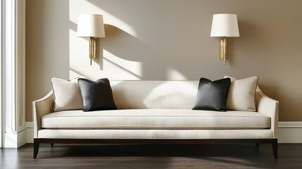 Beige sofa, dark wood floor, brass wall lamps, deep shadows on neutral wall, minimal but expressive modern living room