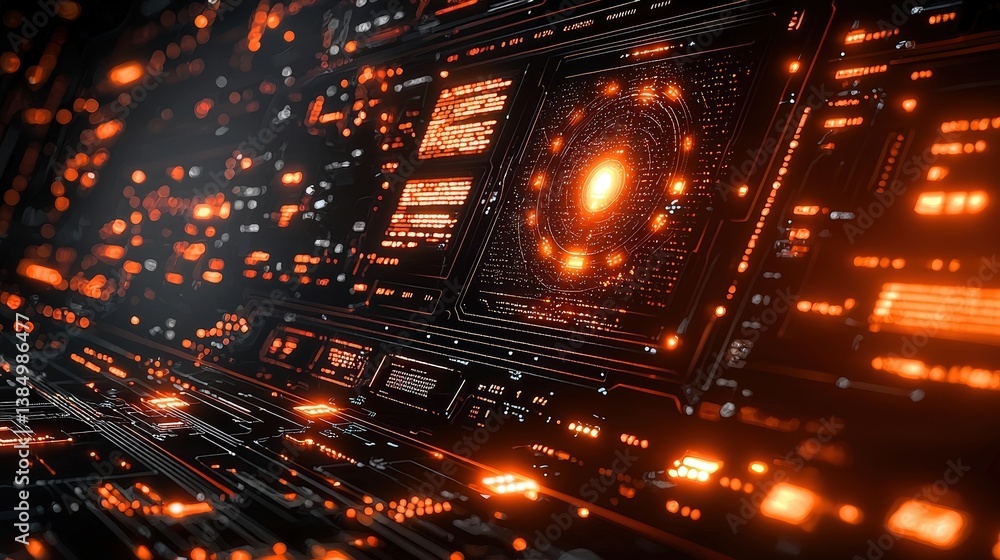 Poster abstract digital interface with glowing orange lines and cosmic elements for futuristic design