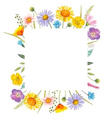 Frame with meadow flowers. Watercolor illustration