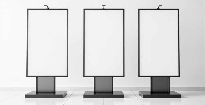 Three upright advertising boards with empty white display panels on modern stands, set against a minimalist indoor white background. Concept of promotion. Ai generative