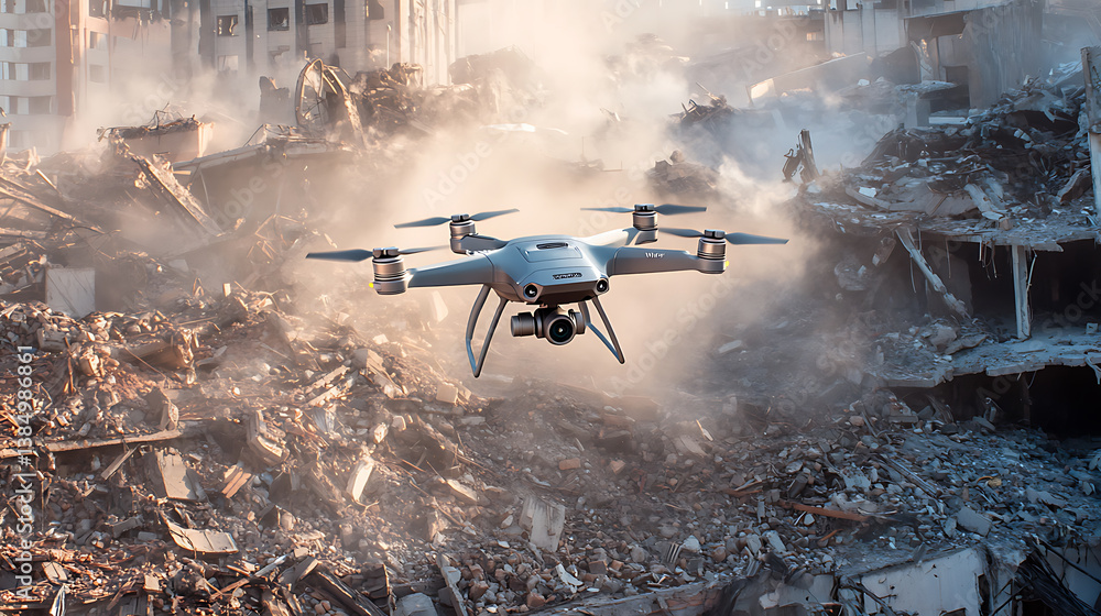 Poster an ai powered drone conducting search and rescue operations in a disaster zone, post-disaster enviro