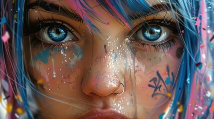 Close-up digital art, vibrant girl, expressive eyes, graffiti-inspired face