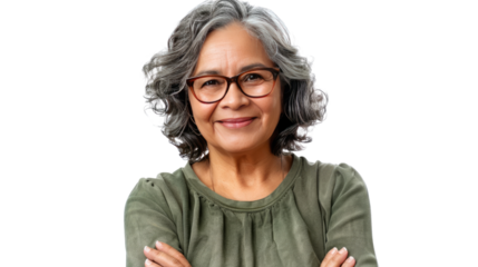 Portrait of Wisdom and Grace: A close-up shot of a serene, older woman wearing glasses, embodying both wisdom and a heartwarming smile.