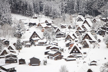 Beautiful Shirakawa-go Village Covered in Snow in Winter, Japan