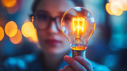 person holding glowing light bulb, showcasing its warm illumination against blurred background. image conveys creativity and innovation, highlighting beauty of light