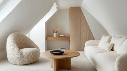 Compact attic living room, japandi and contemporary design, boucle cocoon chair, cream soft sofa, minimal wood coffee table, open wall built