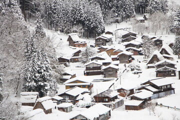 Beautiful Shirakawa-go Village Covered in Snow in Winter, Japan