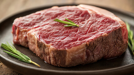 Fototapeta premium Fresh beef steak on dark plate garnished with rosemary, showcasing its rich red color and marbling. This high quality cut is perfect for grilling or roasting, evoking sense of culinary delight