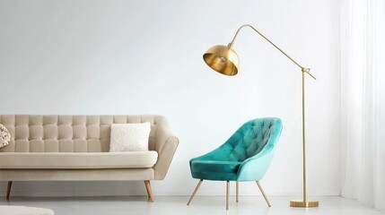 Compact glam interior, beige sofa, turquoise velvet chair, gold floor lamp, minimal decor, warm indirect lighting, Hollywood touch