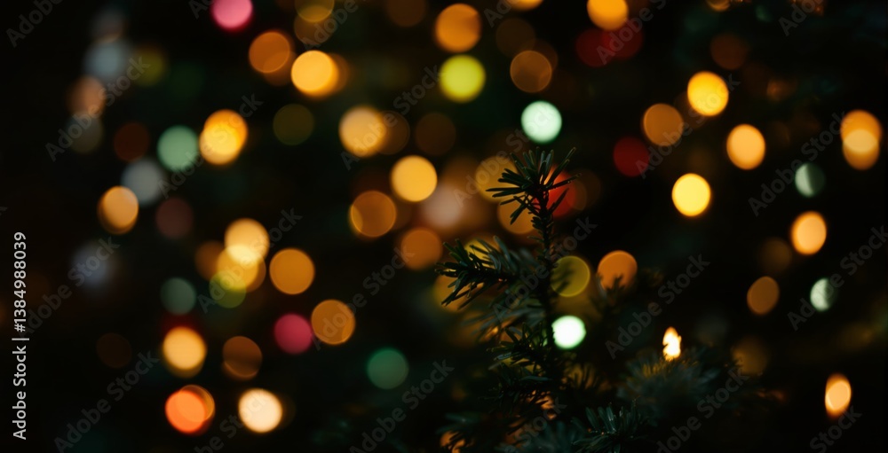 Poster christmas tree branch in focus with colorful bokeh lights in the background, artistic blur style on 