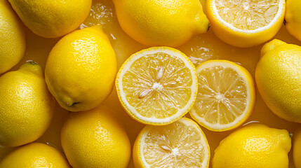 Fresh lemons are displayed in vibrant arrangement, showcasing their bright yellow color and juicy texture. image captures whole lemons alongside sliced ones, emphasizing their freshness and zest