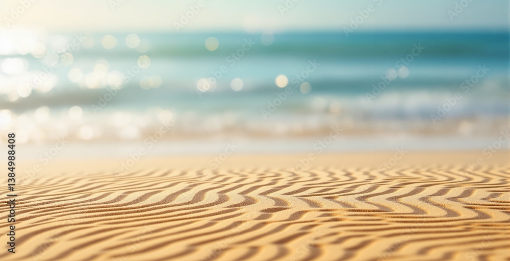 Poster wavy sand patterns with shadows on a beach, creative soft-focus background with ocean waves and boke
