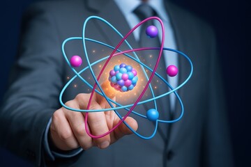 A businessman holds a glowing atom model, symbolizing innovation and scientific discovery in a modern context.