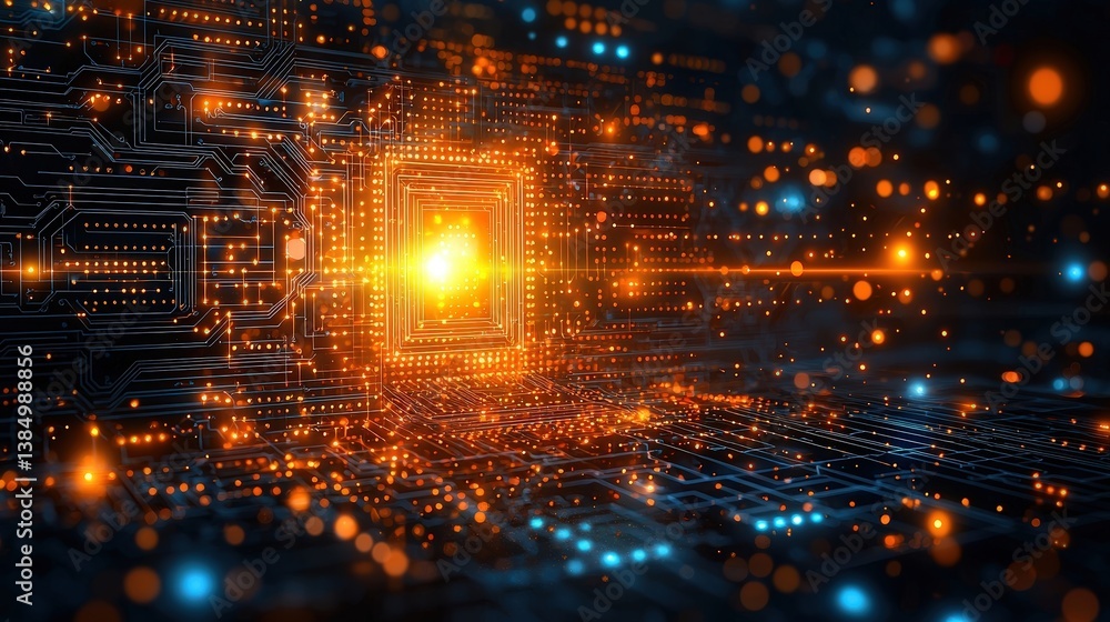 Poster abstract digital circuit board background with glowing lights and technology elements