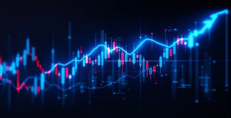 Colorful glowing candlestick chart with upward trend line in a futuristic digital style on dark background, concept of financial growth and trading. Ai generative