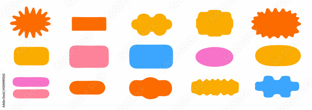 Poster colorful shape collection: vibrant shapes of various sizes, each in its own unique hue, float in a c