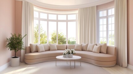Elegant living room in beige and dusty rose, soft fabric walls, curved sofa, large window with linen curtain, sunset lighting