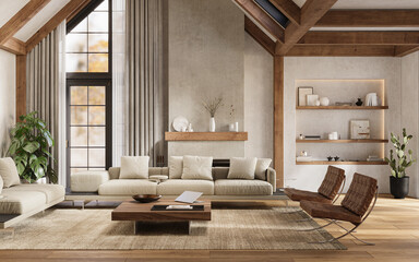 Warm rustic living room with high ceilings, soft lighting, and comfy furniture, 3d rendering