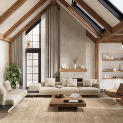 Warm rustic living room with high ceilings, soft lighting, and comfy furniture, 3d rendering