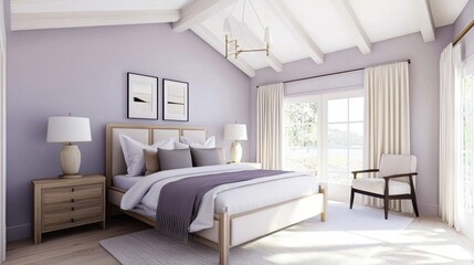 Fototapeta premium French country suite, soft smoky lavender walls, exposed white ceiling beams, linen bedding, warm lighting, vintage lamp