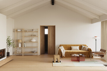 Bright, inviting living room with high ceilings, soft lighting, and comfy furniture, 3d rendering
