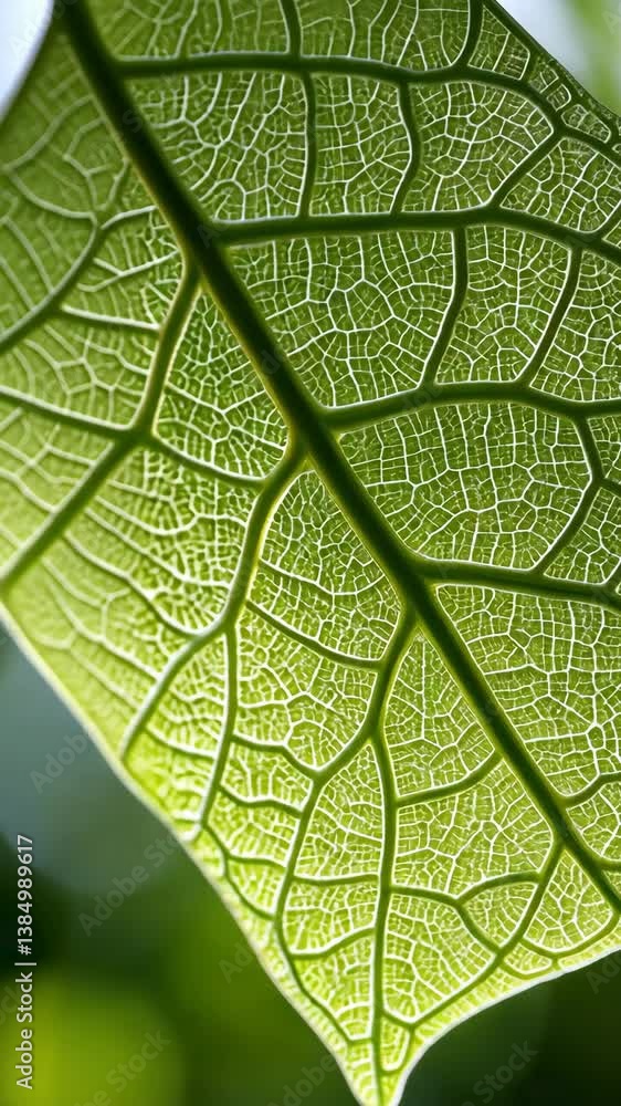Poster close-up view of a green leaf showcasing intricate vein patterns with soft natural light in a garden