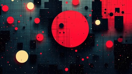 Obraz premium Abstract Geometric Design Featuring Red and Yellow Circles Over Dark Background with Grids