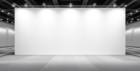 Empty white wall in a modern art gallery with spotlights, clean interior, and carpeted floor background. Concept for creative exhibition design. Ai generative
