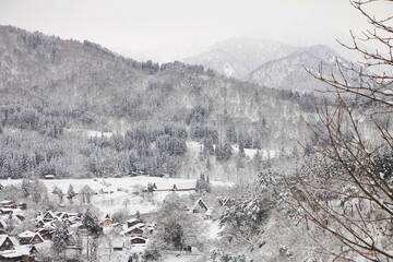 Beautiful Shirakawa-go Village Covered in Snow in Winter, Japan
