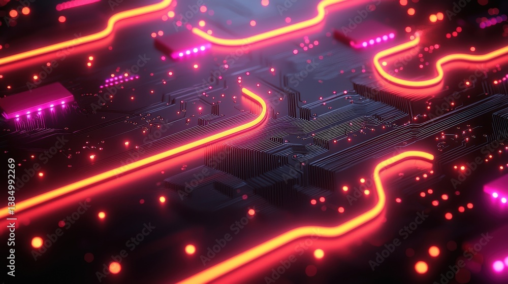 Aufkleber abstract circuit board with glowing lines and colorful lights in digital art style