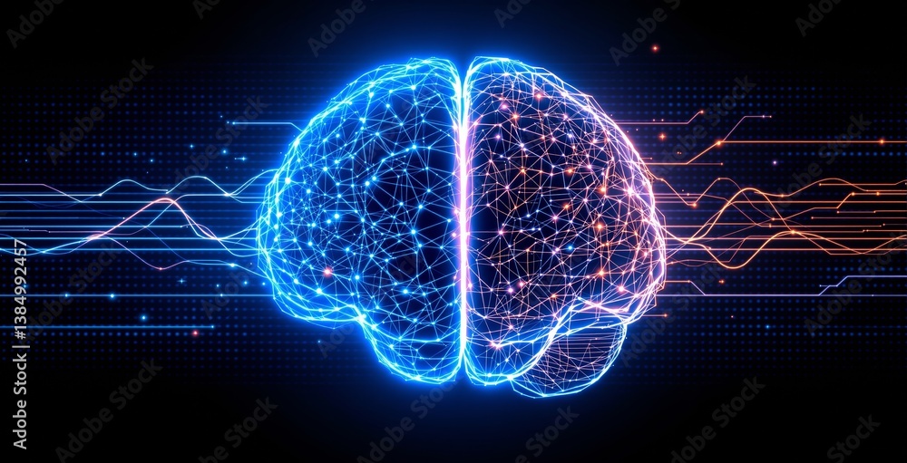 Poster illuminated digital brain with neural network connections and glowing synapses, futuristic creative 
