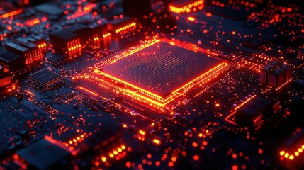 Fototapeta premium Glowing Circuit Board with Bright Red LED Lights on Dark Background for Technology Concepts