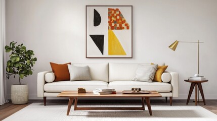 Modern vintage mix, sleek low sofa, mid century table, retro art, warm wood tones, brass elements