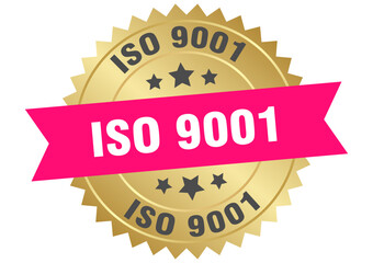 iso 9001. iso 9001 round pink and gold label isolated on transparent background
