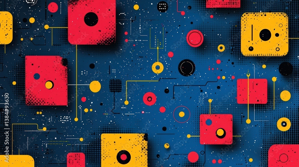 Poster abstract colorful geometric shapes with dots and lines on dark background for digital design