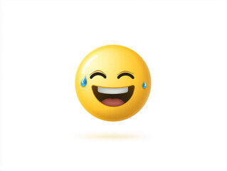 Fototapeta premium Yellow emoji face is laughing with tears of joy on white background