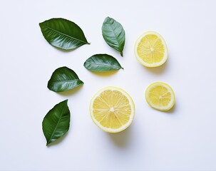 Lemon & Green Leaves Composition: A refreshing composition featuring sliced lemons and vibrant green leaves, perfect for illustrating freshness and natural ingredients.