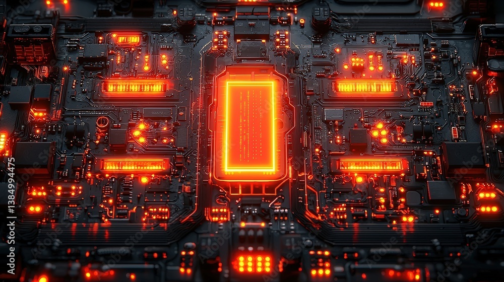 Poster futuristic circuit board with glowing lights and intricate patterns in a dark environment