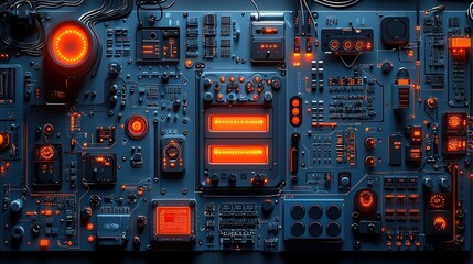 Fototapeta premium Futuristic Control Panel with Glowing Lights and Intricate Circuitry in Dark Color Palette