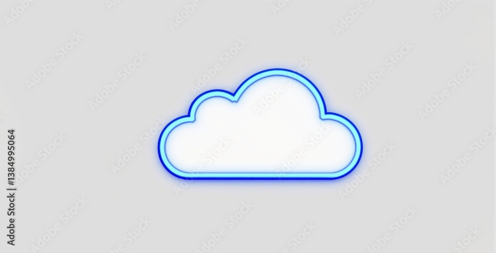 Poster blue glowing cloud symbol with neon edges in minimalistic style on light background, representing cl