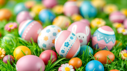 Naklejka premium The Easter Eggs in colorful Background - 3D Generative AI